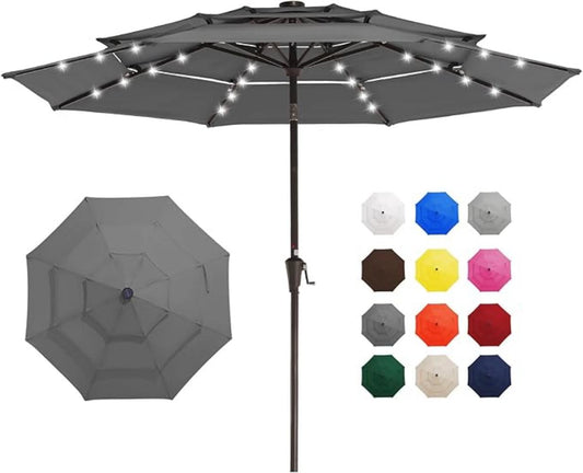 3 Tiers Patio Umbrella with Solar Lights 9FT